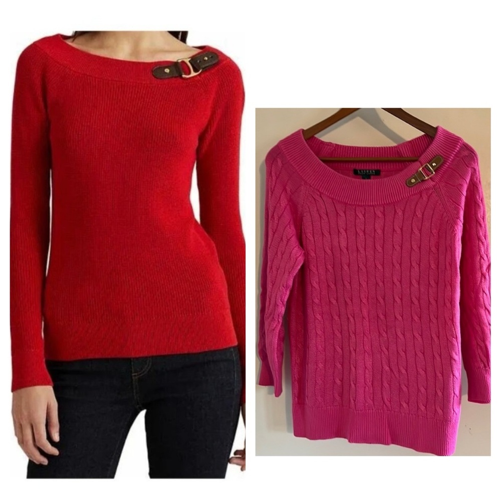 Ralph Lauren Pink Cable Knit Sweater leather buckle Boatneck Medium